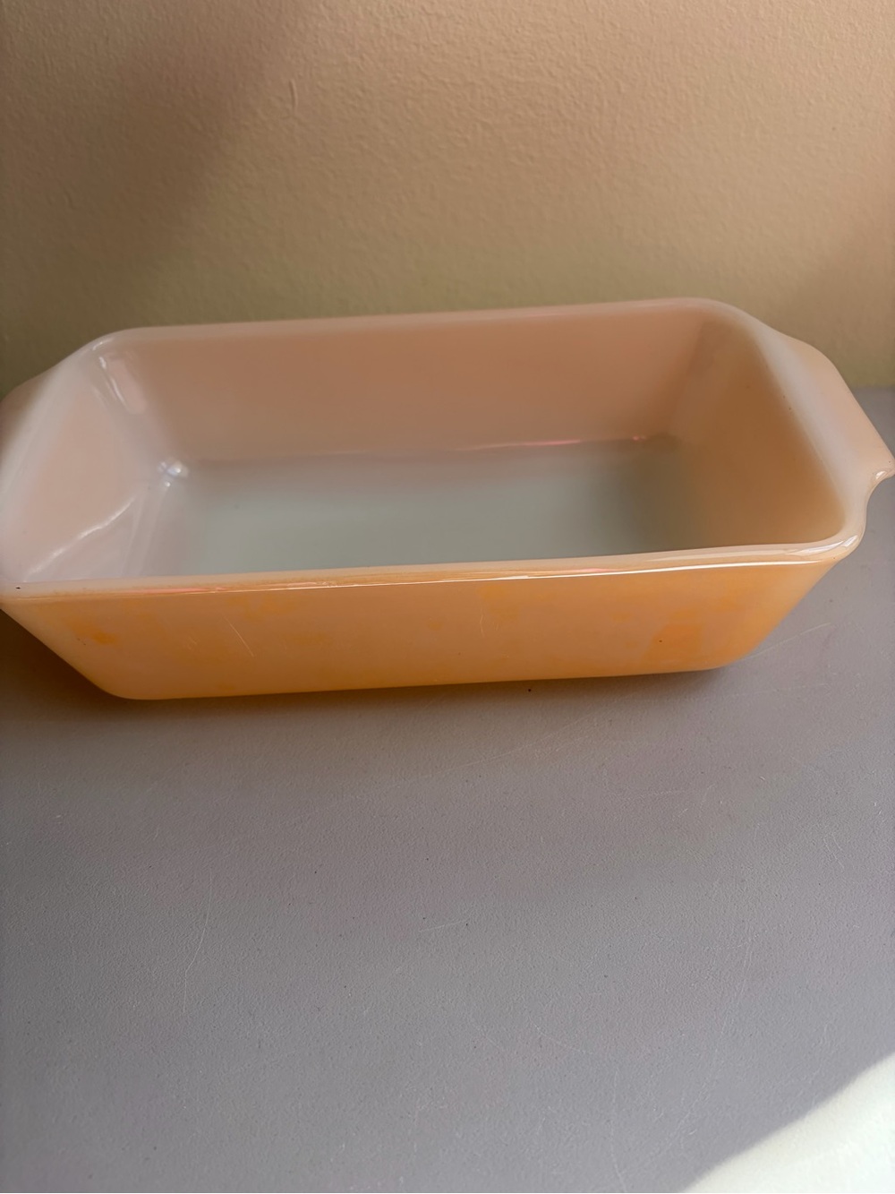 Vintage Anchor Hocking Fire King Peach Luster Milk Glass 1 QT Loaf Pan #441